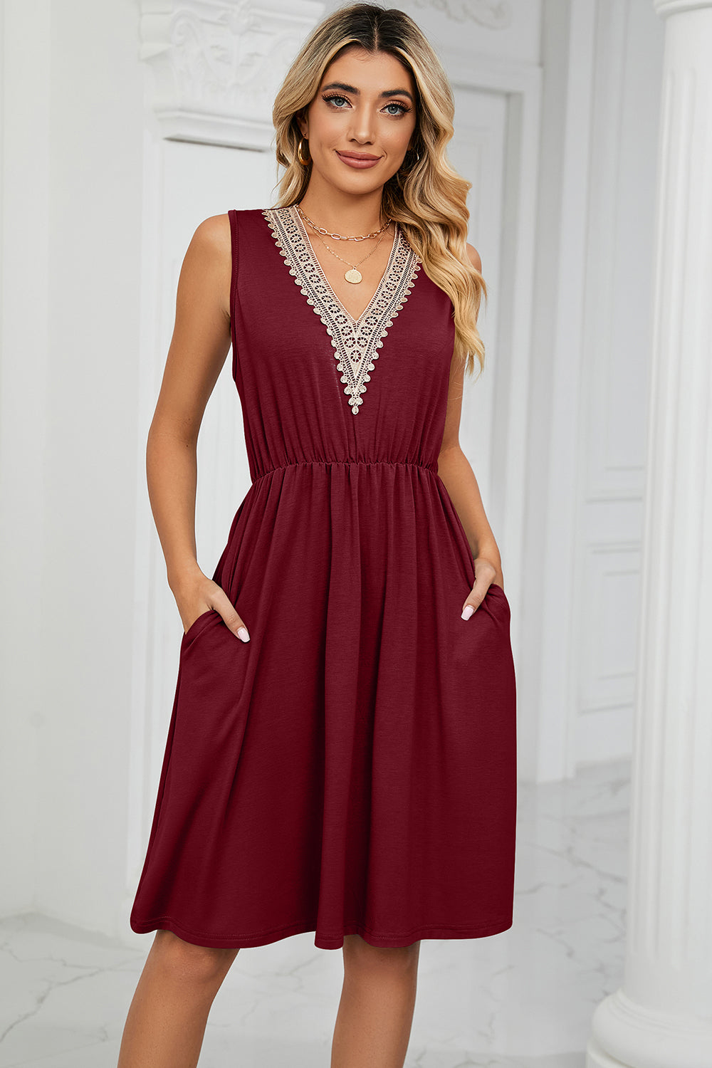 Pocketed V-Neck Wide Strap Dress 