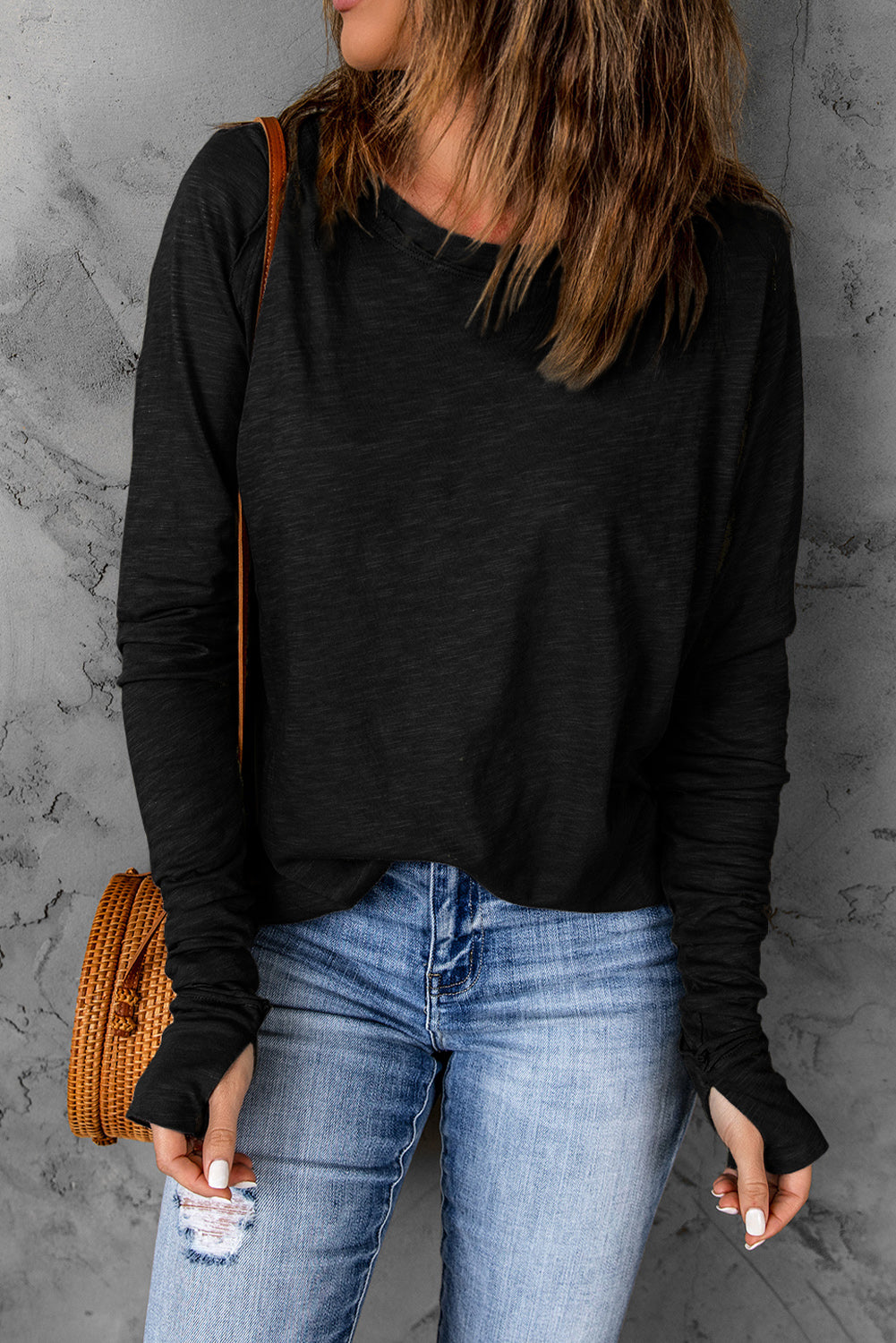 Thumbhole Long Sleeve Round Neck Top 