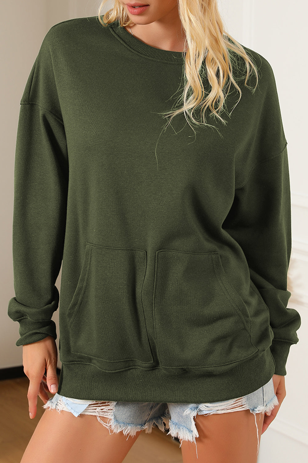 Pocketed Round Neck Dropped Shoulder Sweatshirt - Babbazon sweatshirt