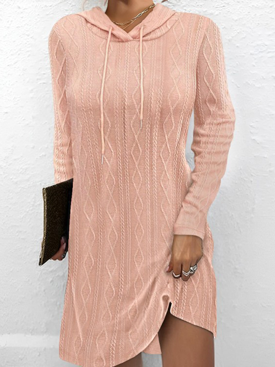 Textured Drawstring Long Sleeve Hooded Dress 