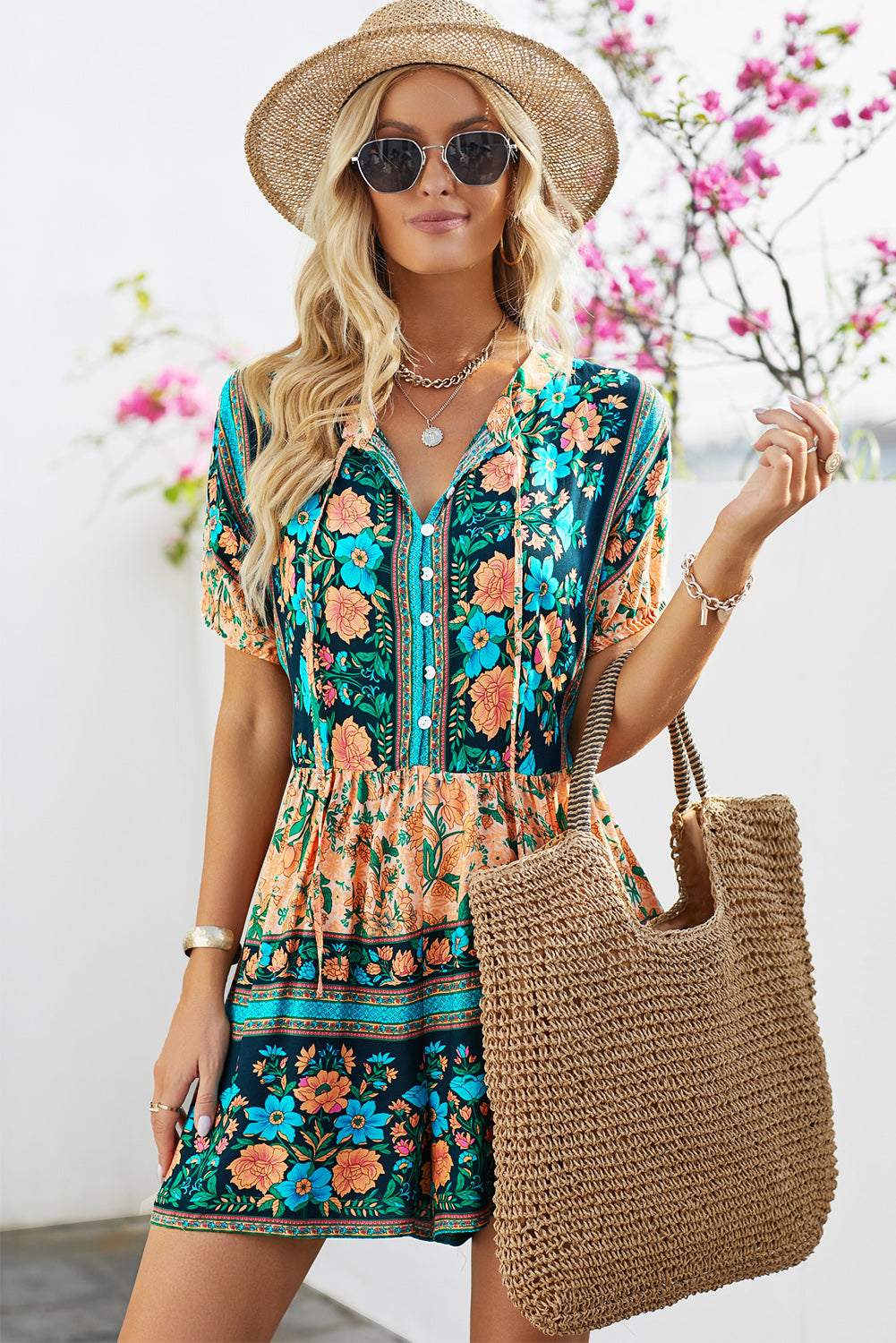 Floral Multicolored Tie-Neck Romper 