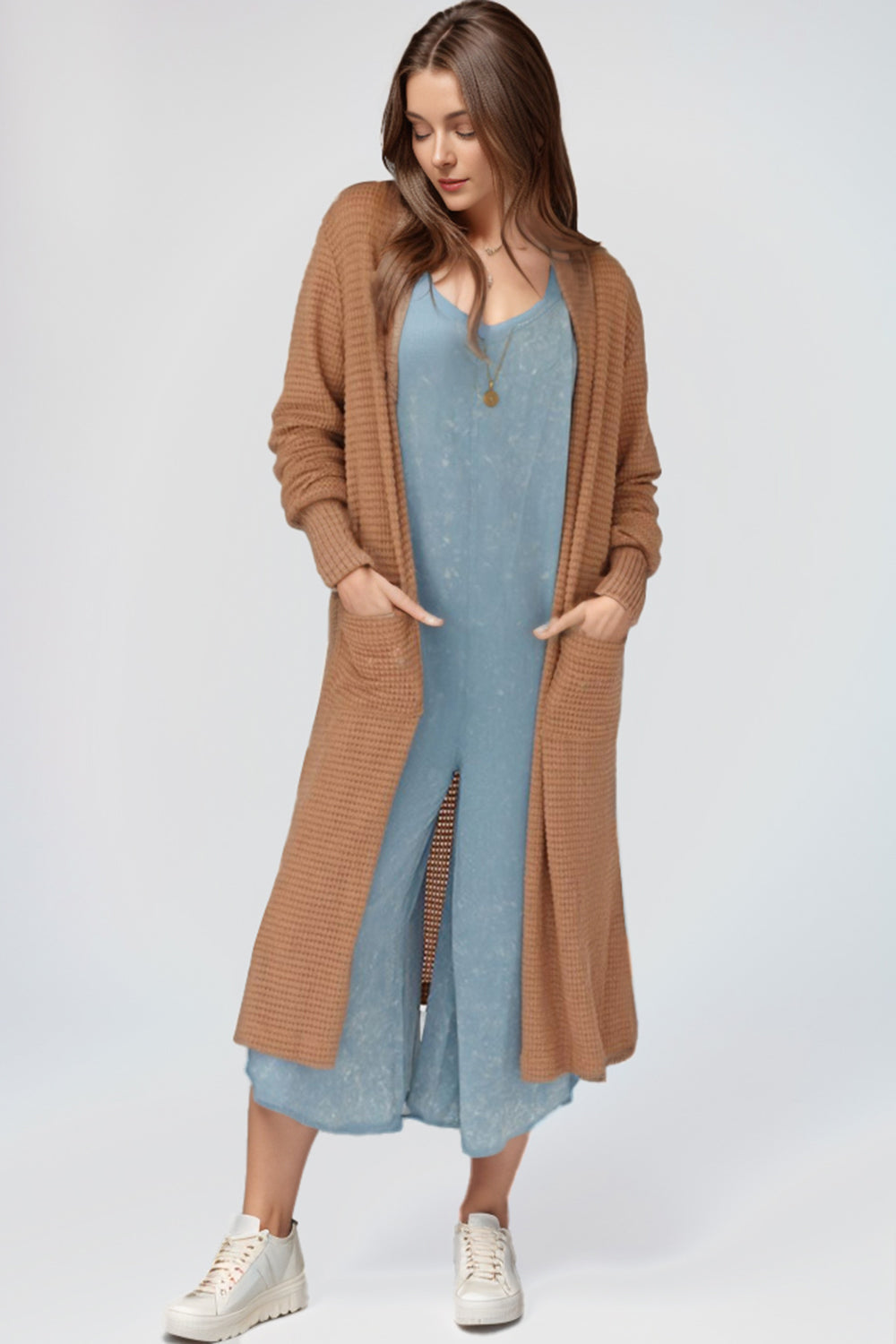 Open Front Long Sleeve Longline Slit Cardigan 