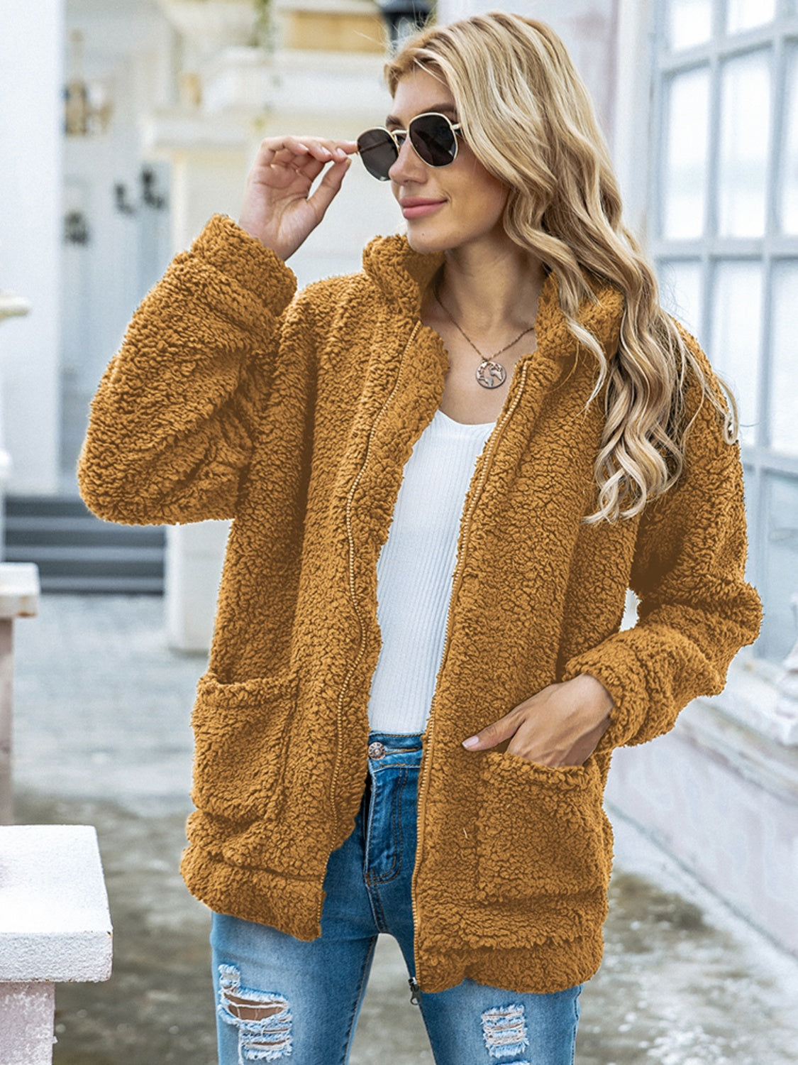 Fuzzy Zip Up Pocketed Jacket 