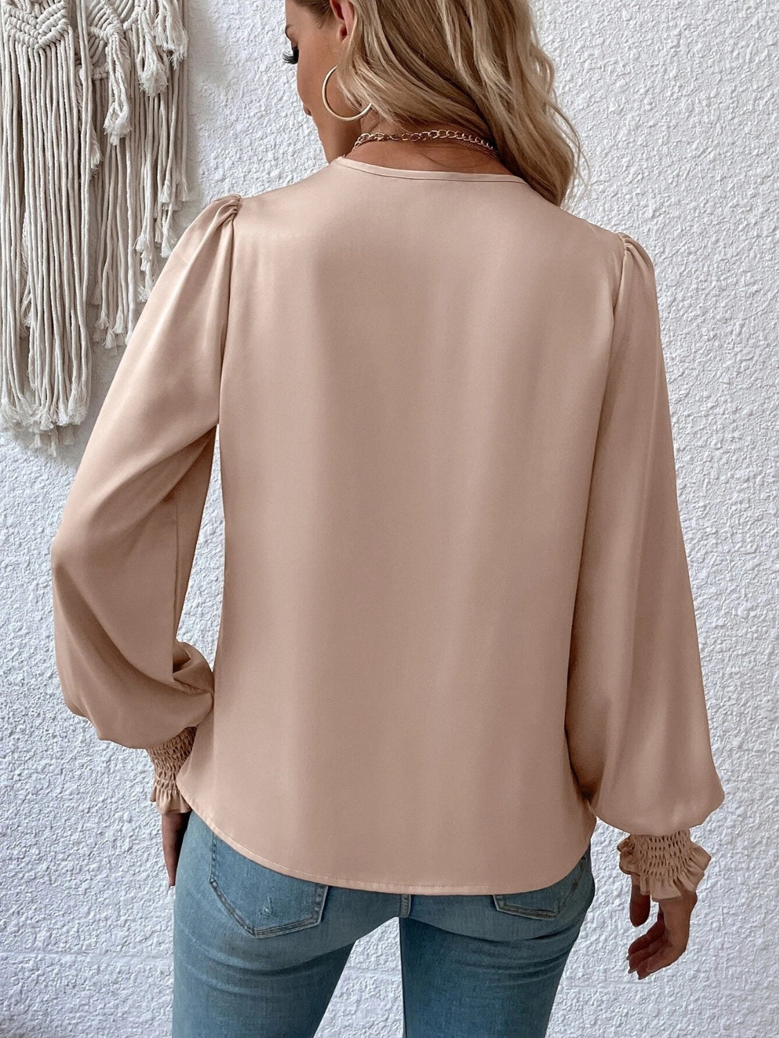 Surplice Smocked Lantern Sleeve Blouse 