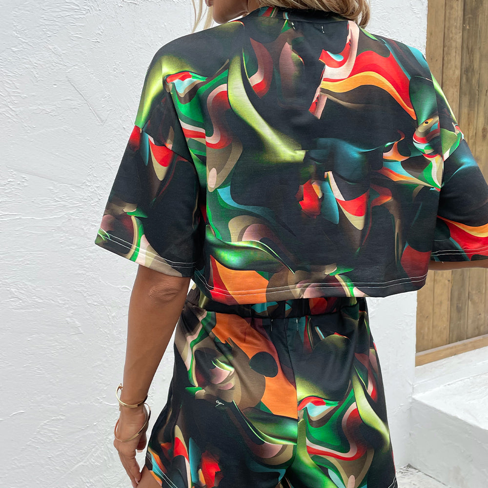 Printed Round Neck Dropped Shoulder Half Sleeve Top and Shorts Set 