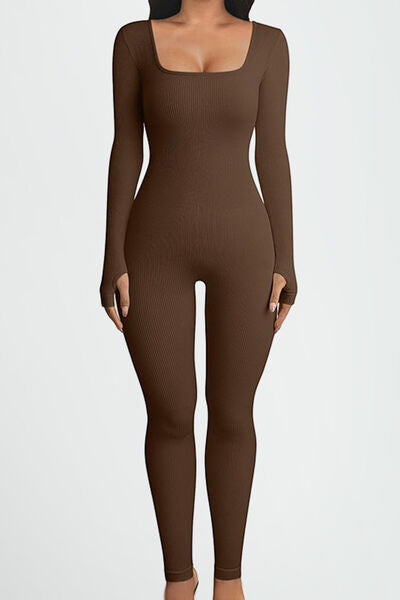 Square Neck Long Sleeve Active Jumpsuit 