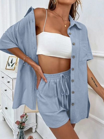 Button Up Shirt and Drawstring Shorts Set