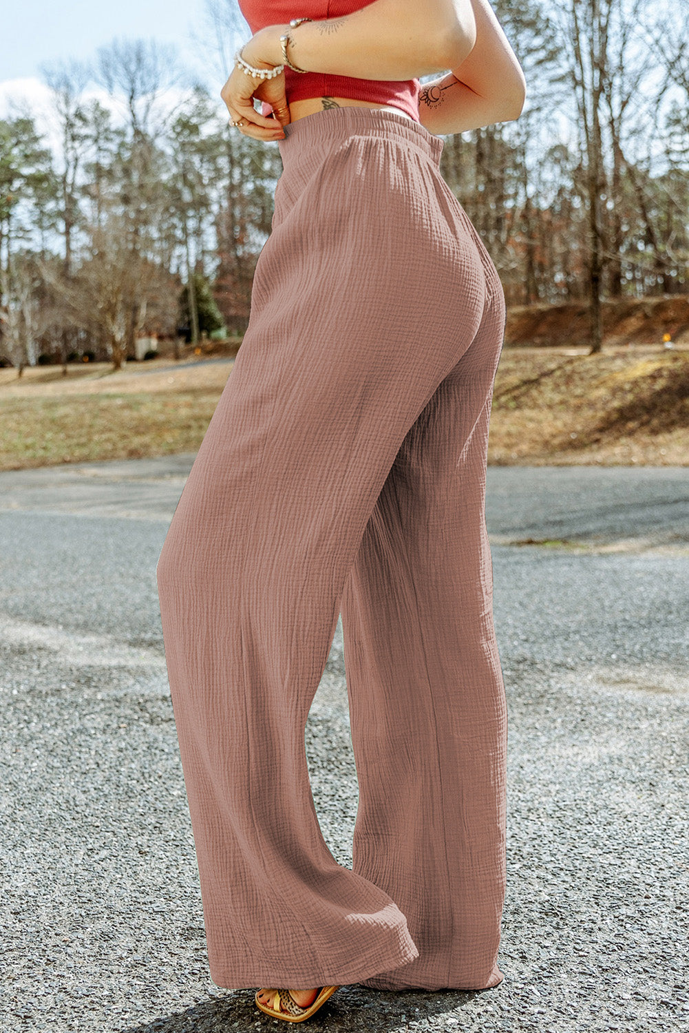 Texture Tied Wide Leg Pants 