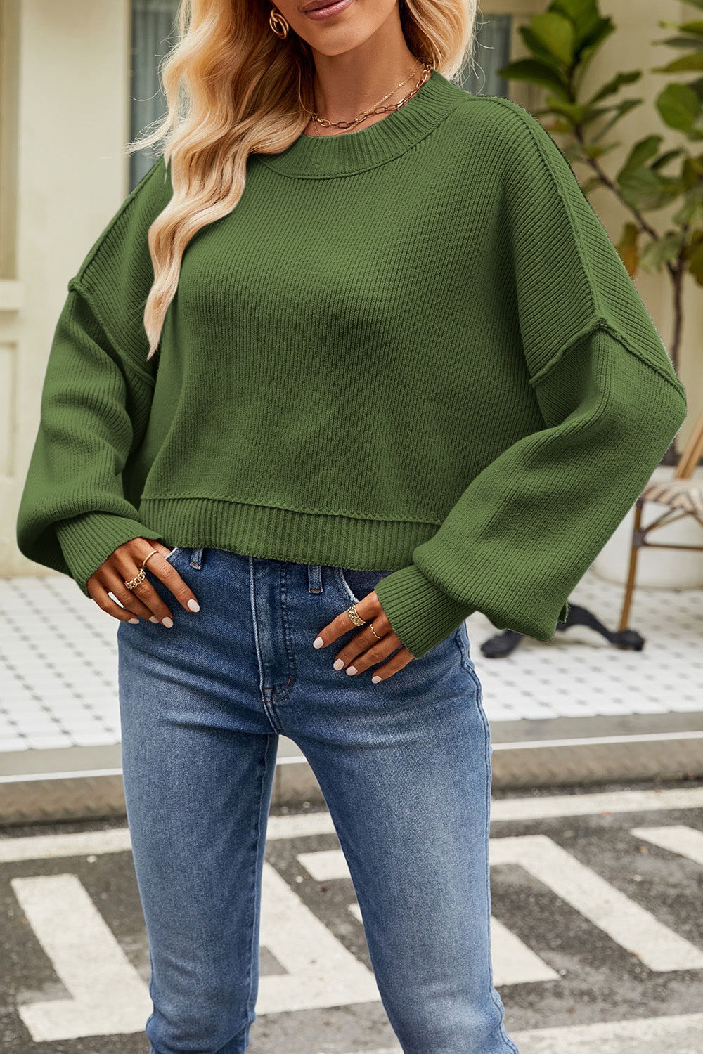 Round Neck Dropped Shoulder Sweater 