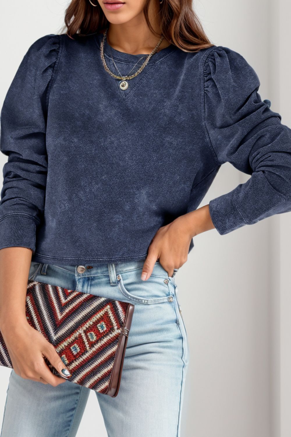 Round Neck Puff Sleeve Sweatshirt - Babbazon sweatshirt