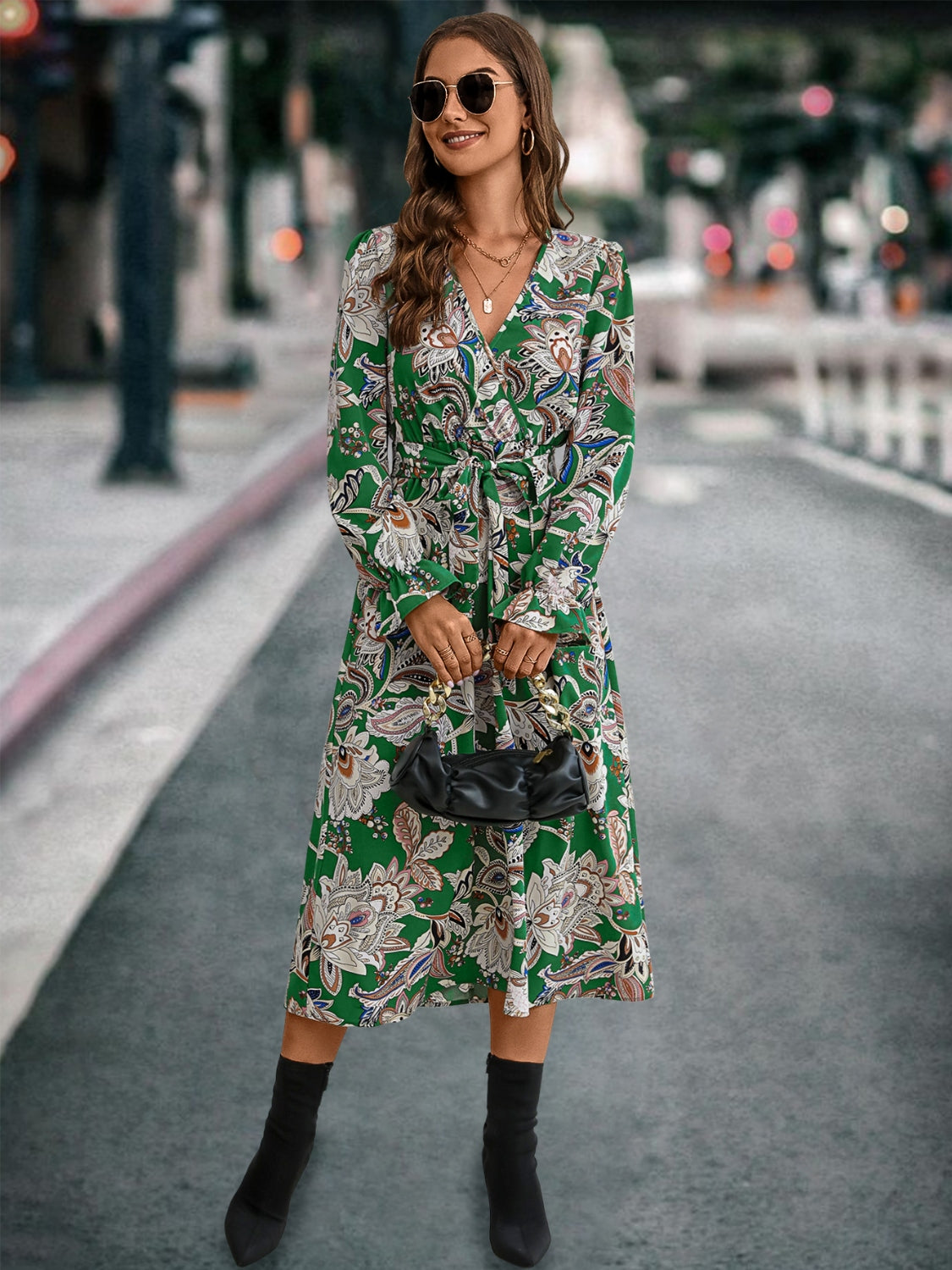 Printed Tie Front Surplice Flounce Sleeve Dress 