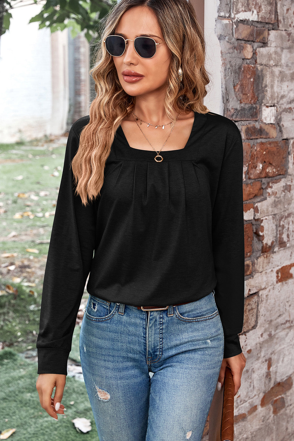 Ruched Square Neck Long Sleeve T-Shirt 