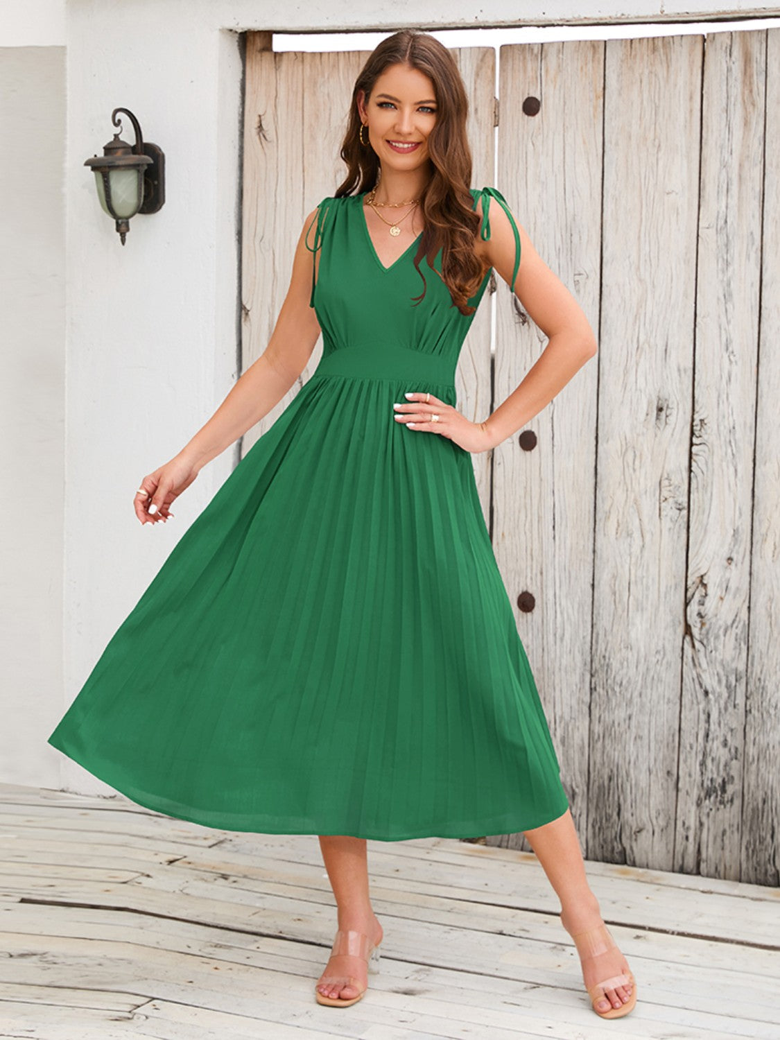 Pleated V-Neck Sleeveless Midi Dress 