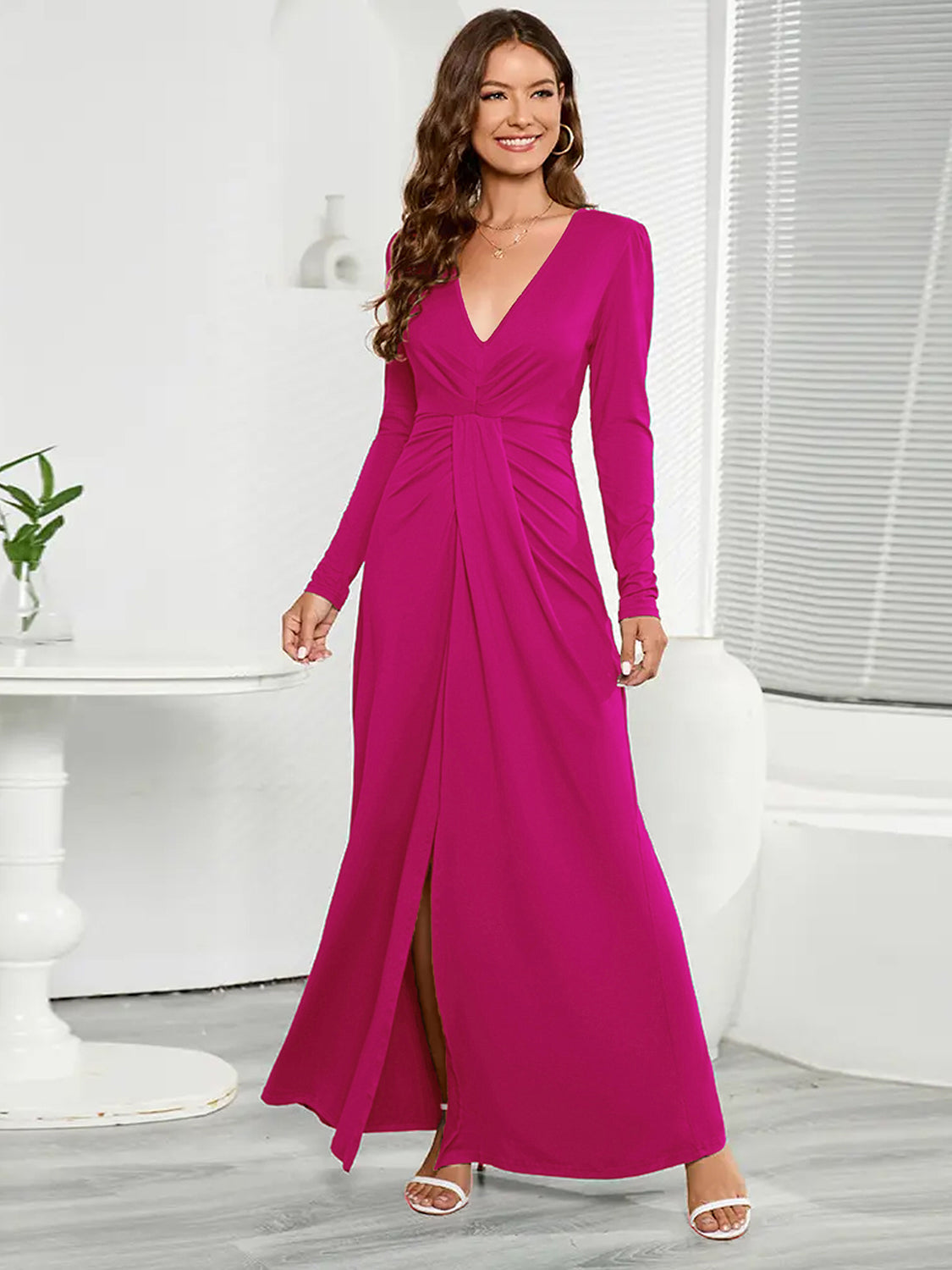 V-Neck Long Sleeve Split Dress 