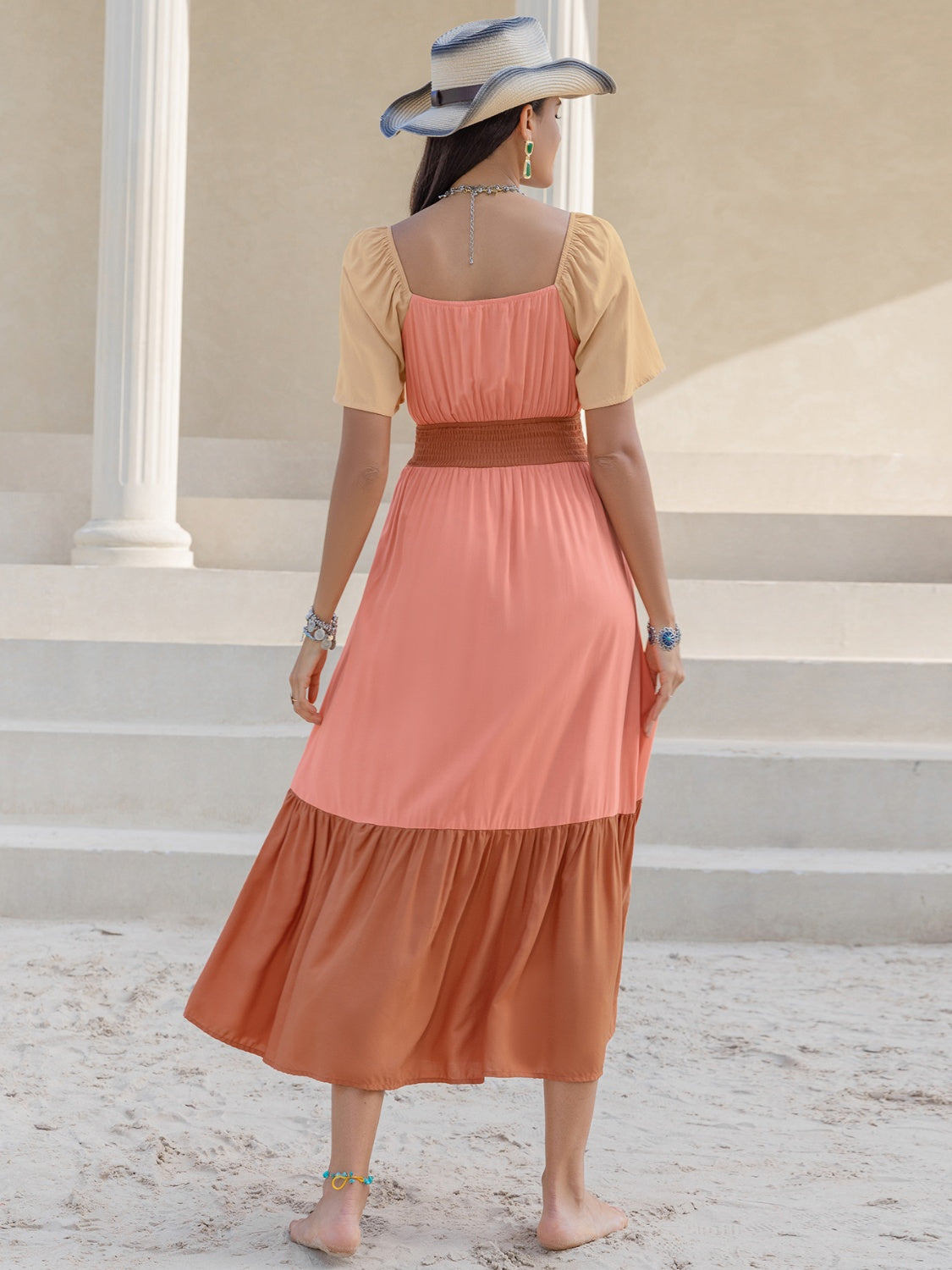 Color Block Tie Front Smocked Midi Dress 