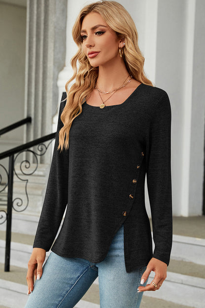 Slit Decorative Button Square Neck T-Shirt 