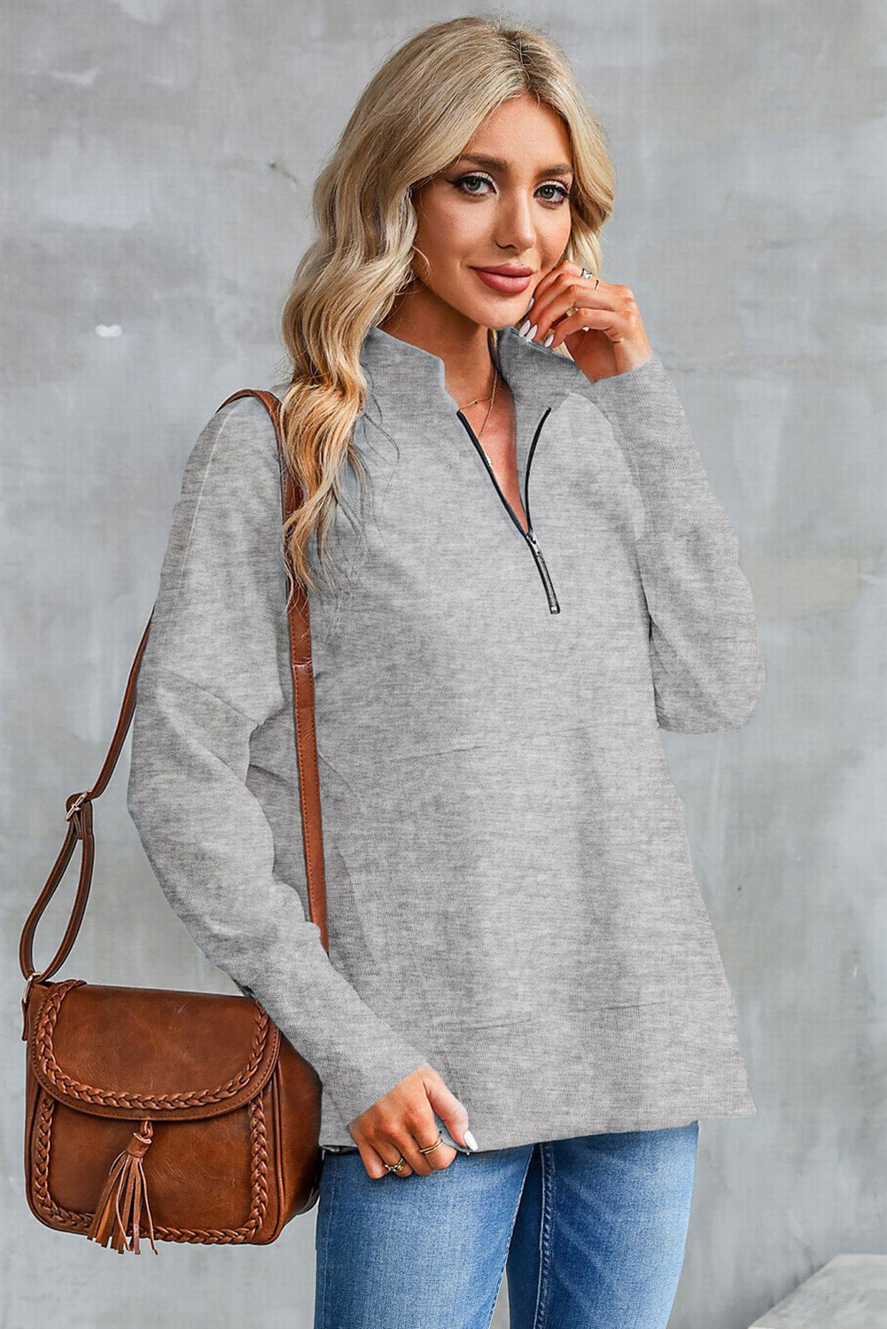 Half Zip Pocketed Dropped Shoulder Sweatshirt - Babbazon sweatshirt