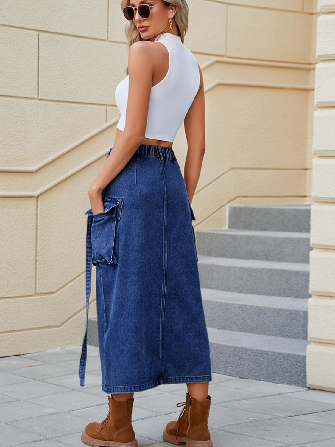 Slit Pocketed High Waist Denim Skirt 