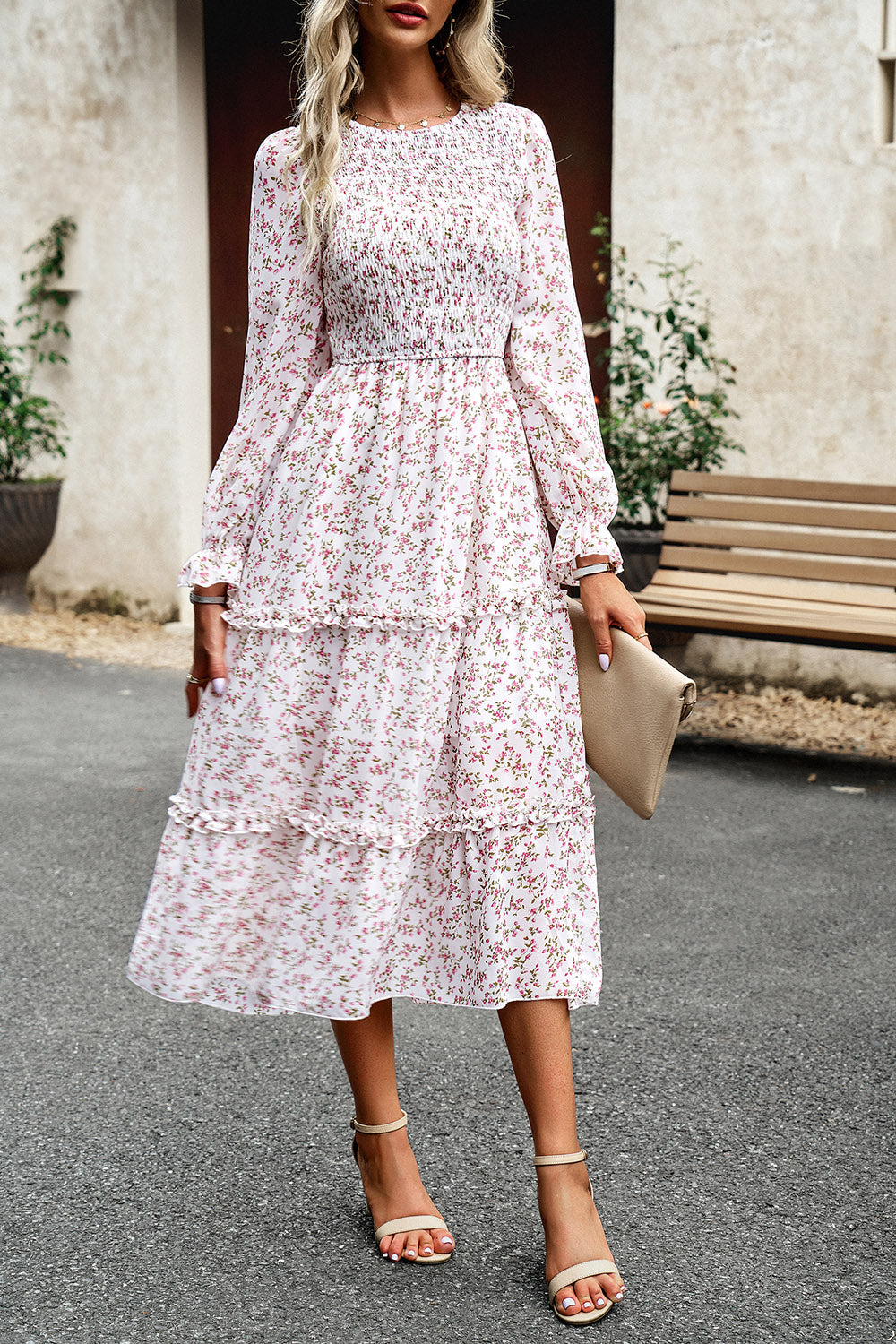 Smocked Flounce Sleeve Midi Dress 