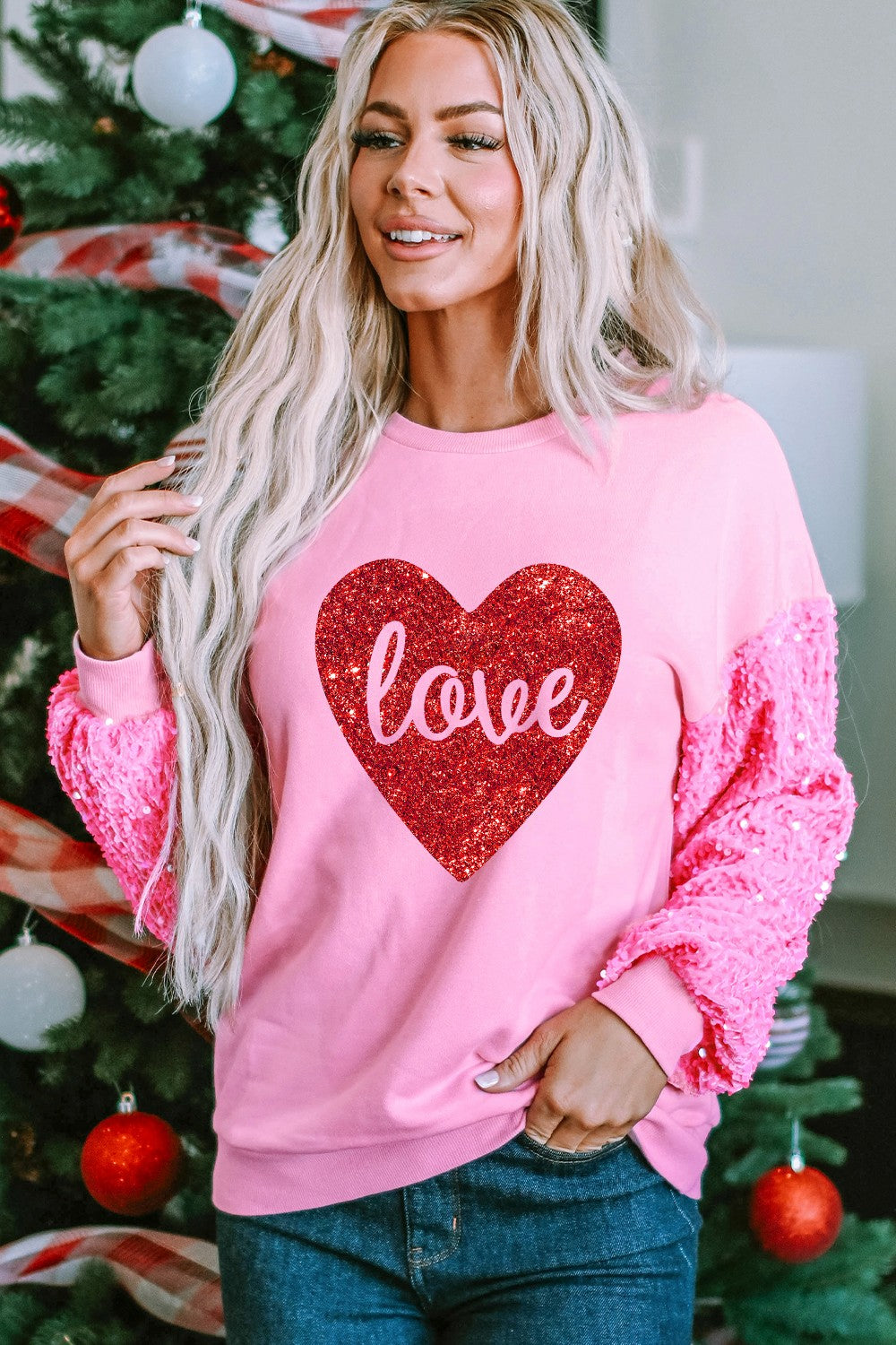 LOVE Heart Sequin Dropped Shoulder Sweatshirt 