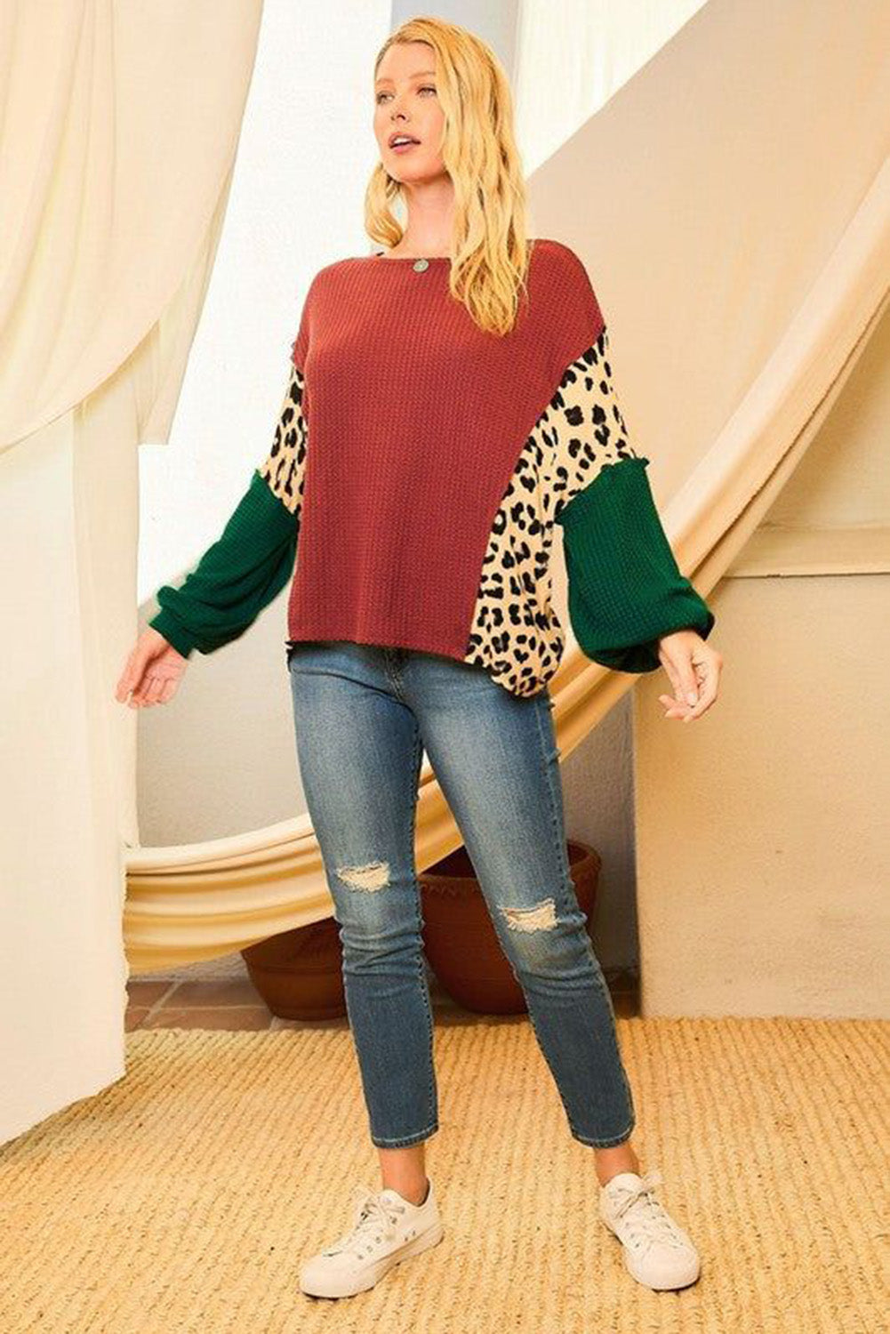 Leopard Color Block Waffle-Knit Blouse 