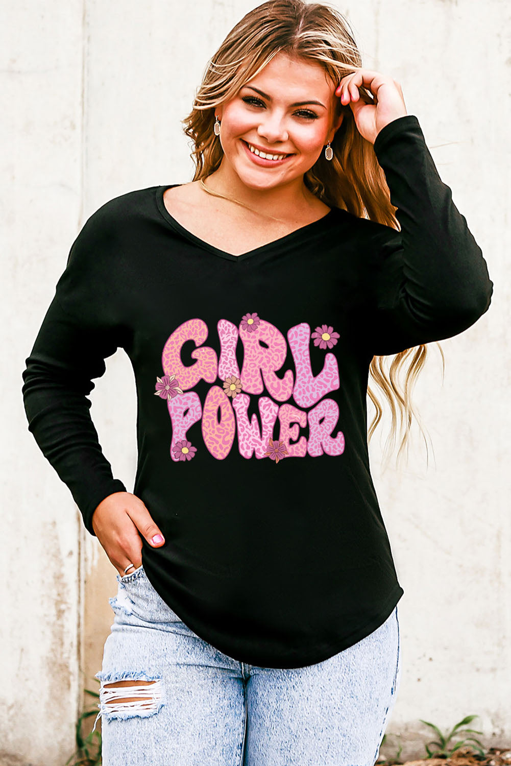 GIRL POWER Leopard Graphic V-Neck Top 