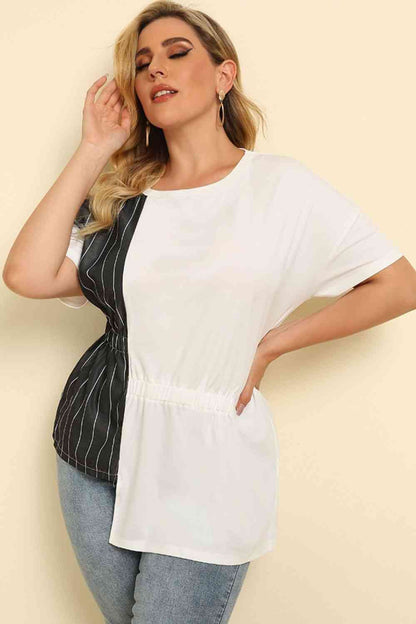 Plus Size Striped Color Block Asymmetrical T-Shirt 