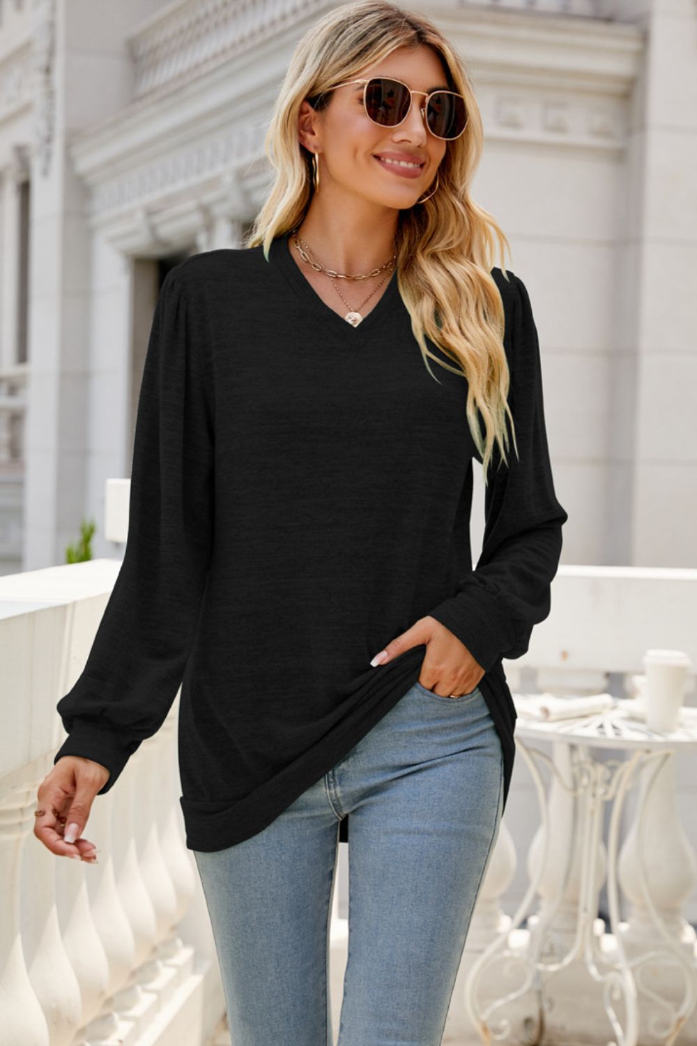 Long Puff Sleeve V-Neck Top 