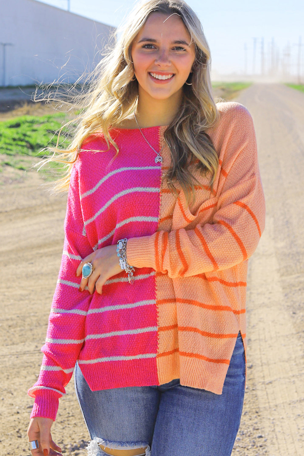 Striped Pocketed Dropper Shoulder Sweater 