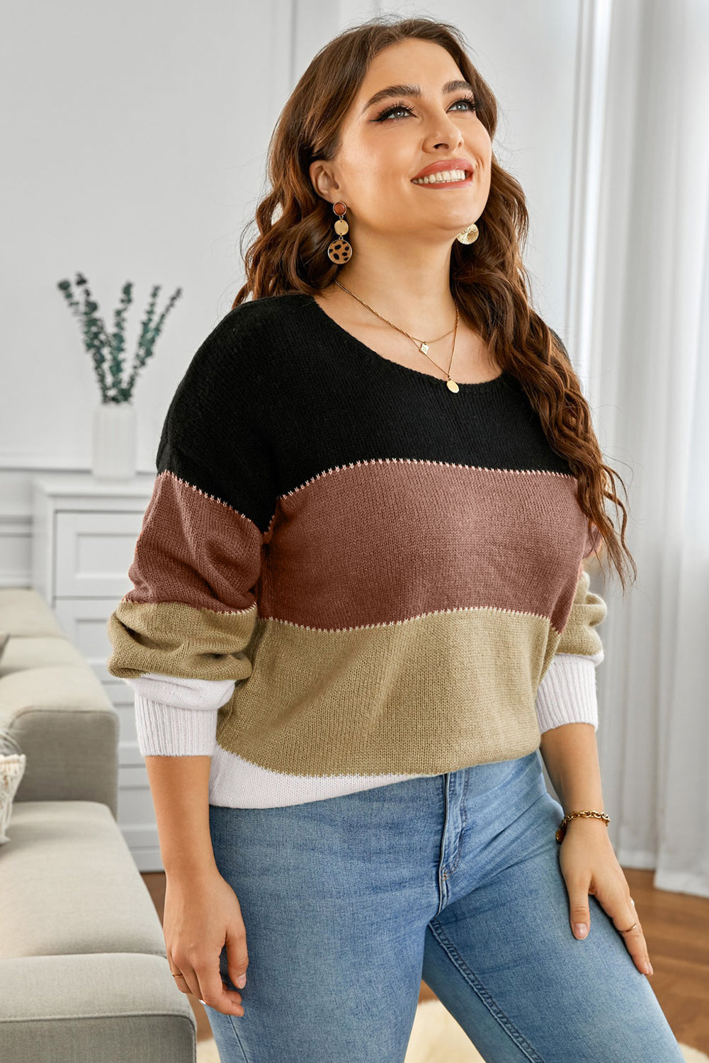 Plus Size Color Block Round Neck Sweater 