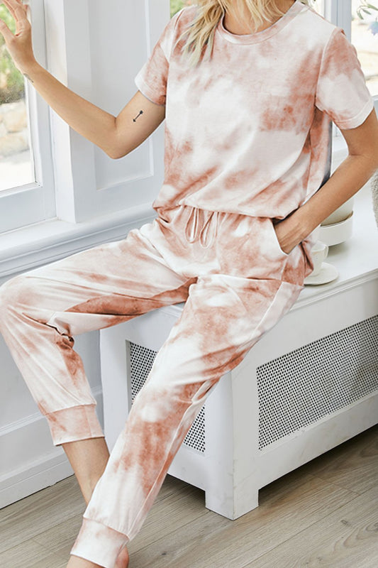 Tie-Dye Round Neck Short Sleeve Top and Pants Lounge Set 