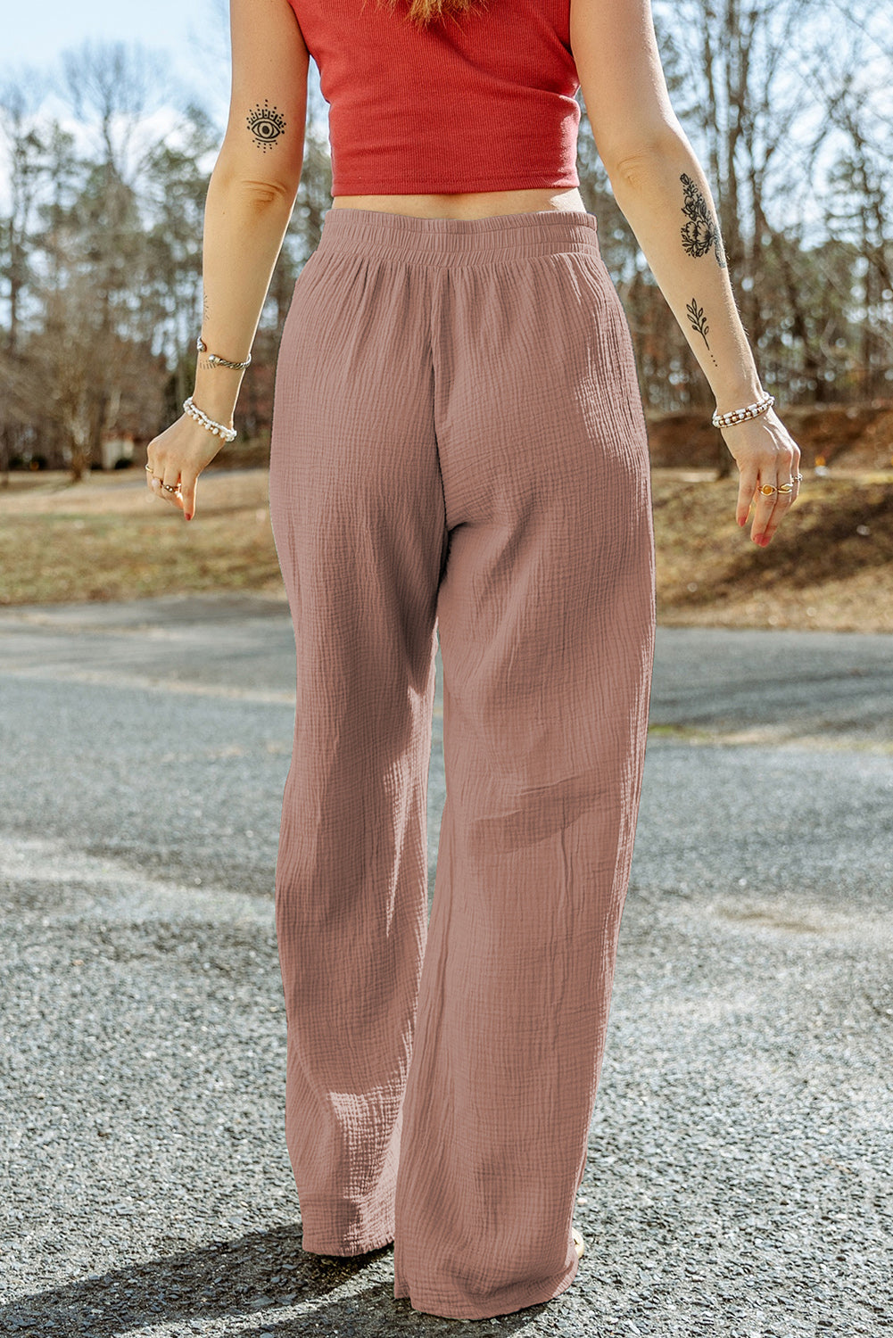 Texture Tied Wide Leg Pants 