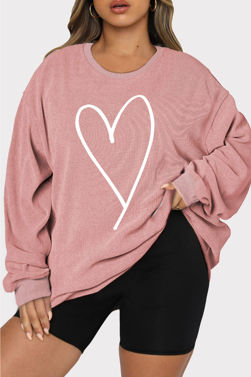 Plus Size Heart Ribbed Round Neck Sweatshirt - Babbazon sweatshirt