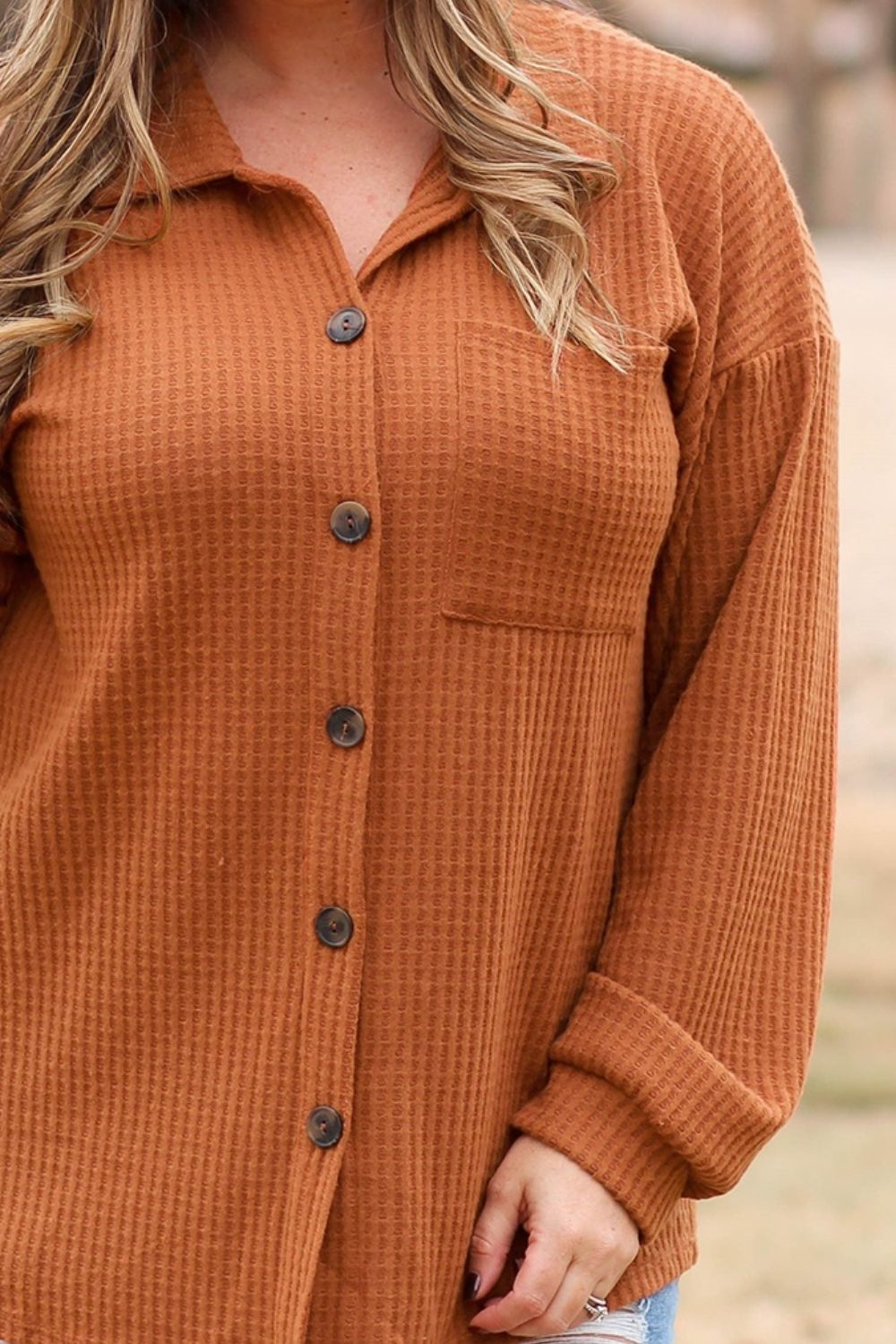 Plus Size Waffle-Knit Button Up Shirt 