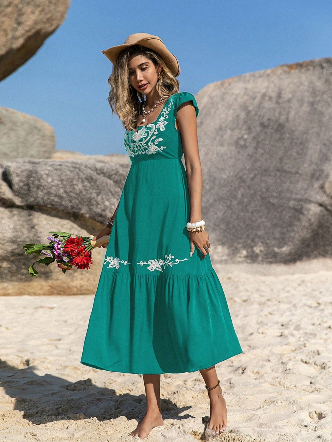 Embroidered Square Neck Cap Sleeve Dress 