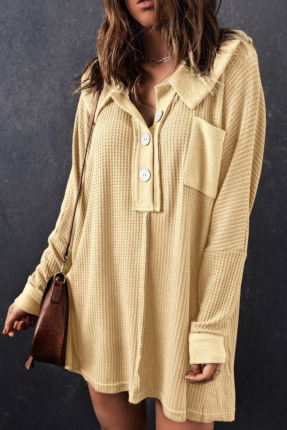 Waffle Knit Buttoned Long Sleeve Top with Breast Pocket - Babbazon Tops