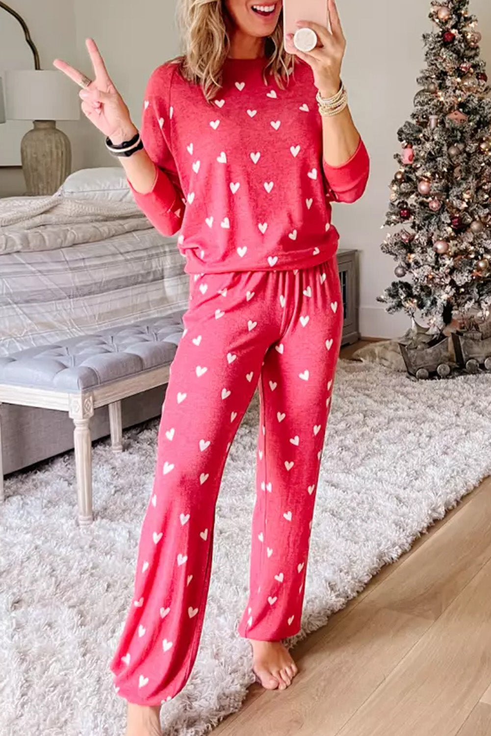 Heart Round Neck Top and Pants Set 