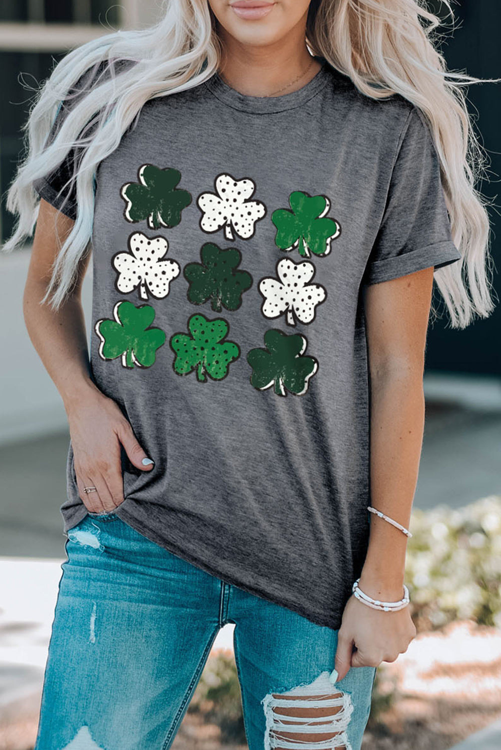 Lucky Clover Round Neck Short Sleeve T-Shirt - Babbazon Camisole