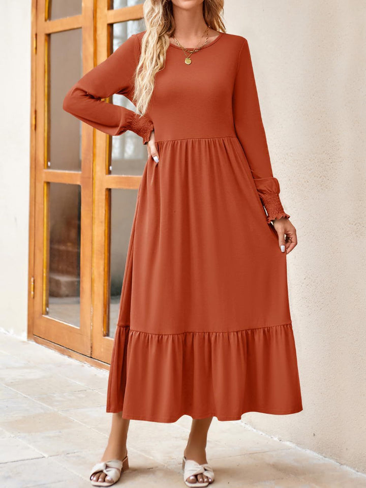 Round Neck Lantern Sleeve Ruffle Hem Dress - Babbazon Midi Dress