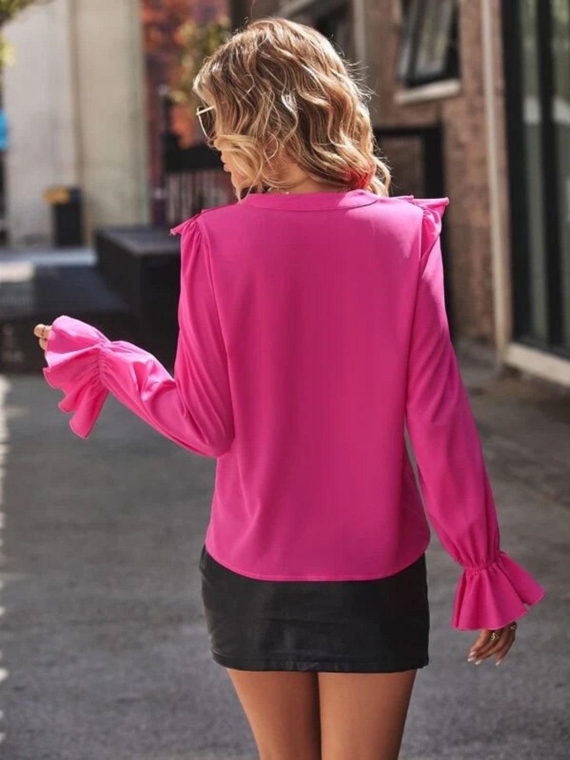 Ruffled V-Neck Flounce Sleeve Shirt 