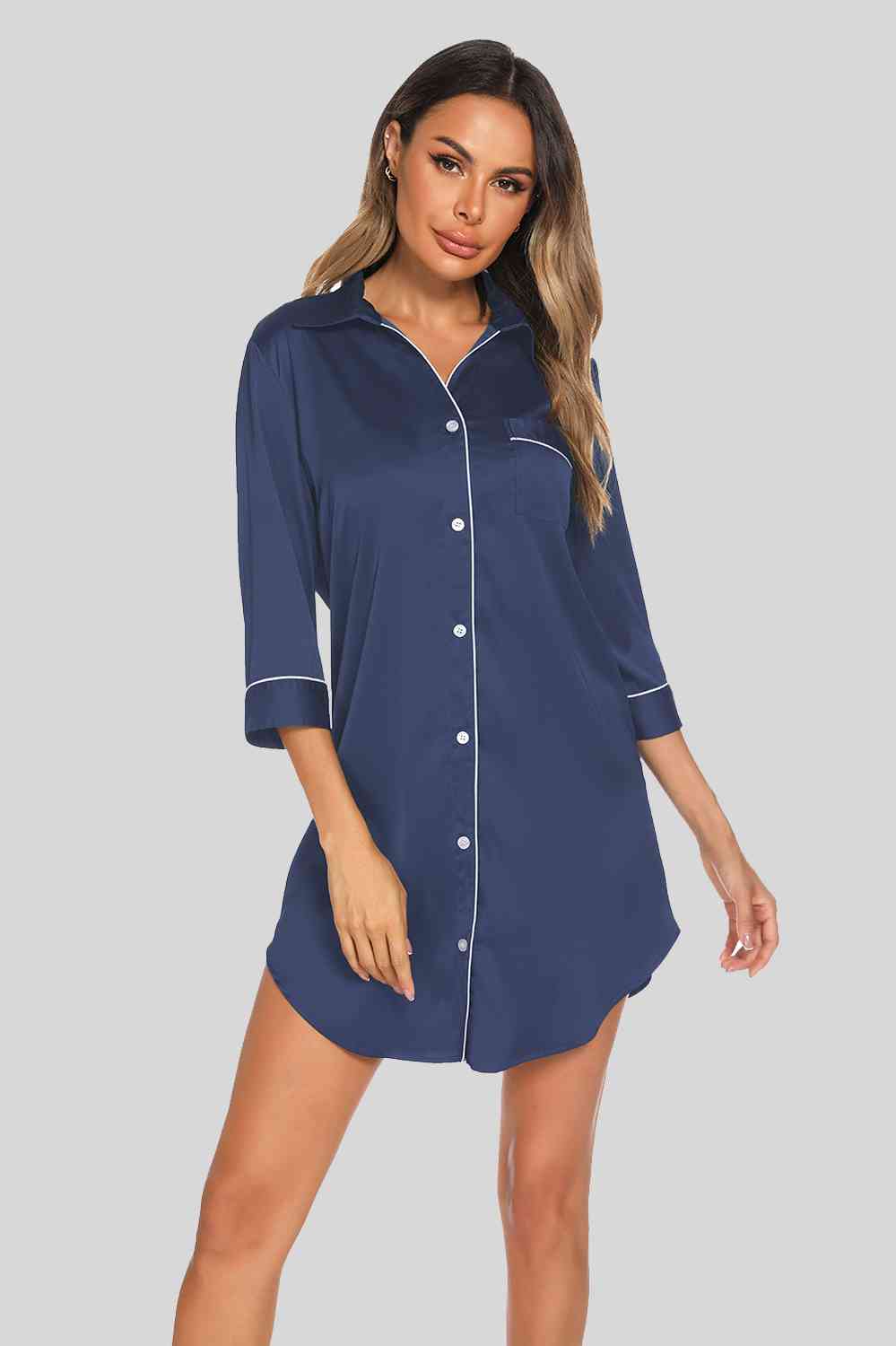 Button Up Collared Neck Night Dress with Pocket - Babbazon loungewear