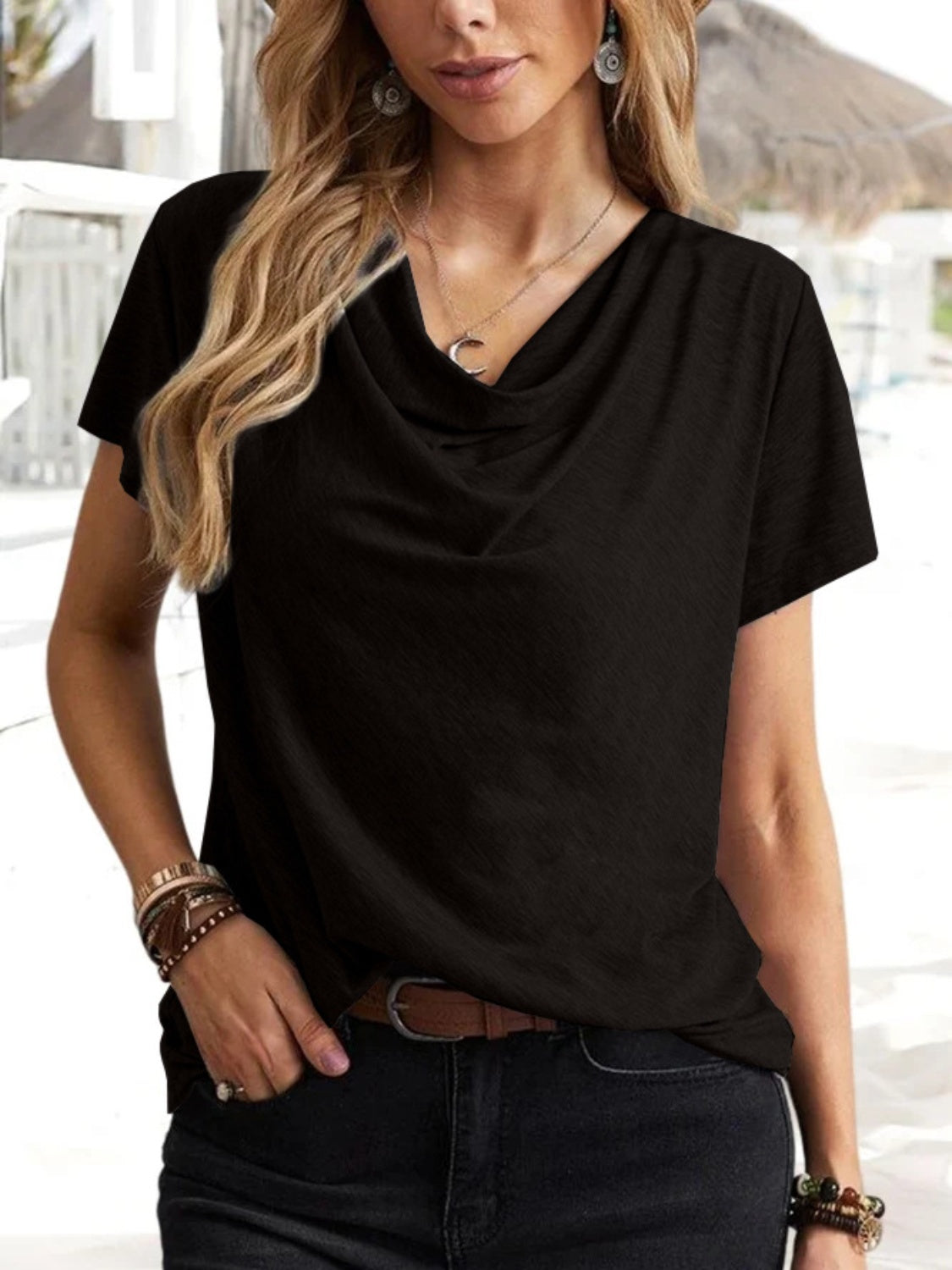 Cowl Neck Short Sleeve T-Shirt 