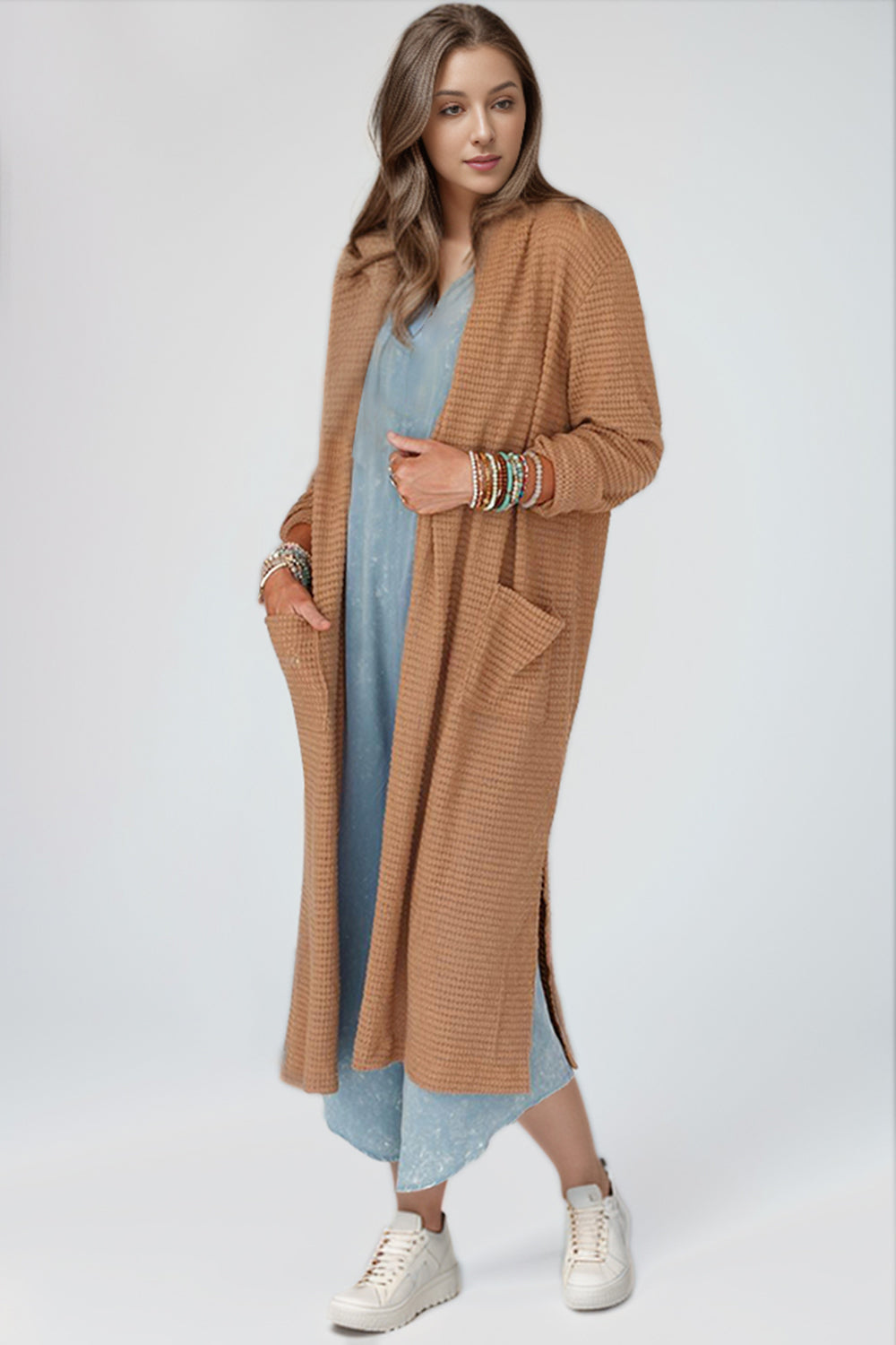 Open Front Long Sleeve Longline Slit Cardigan 