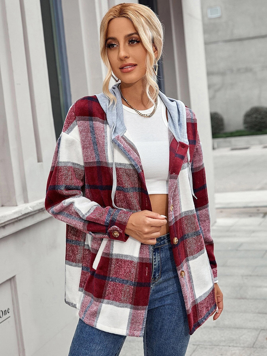 Plaid Hooded Jacket with Pockets - Babbazon Jacket