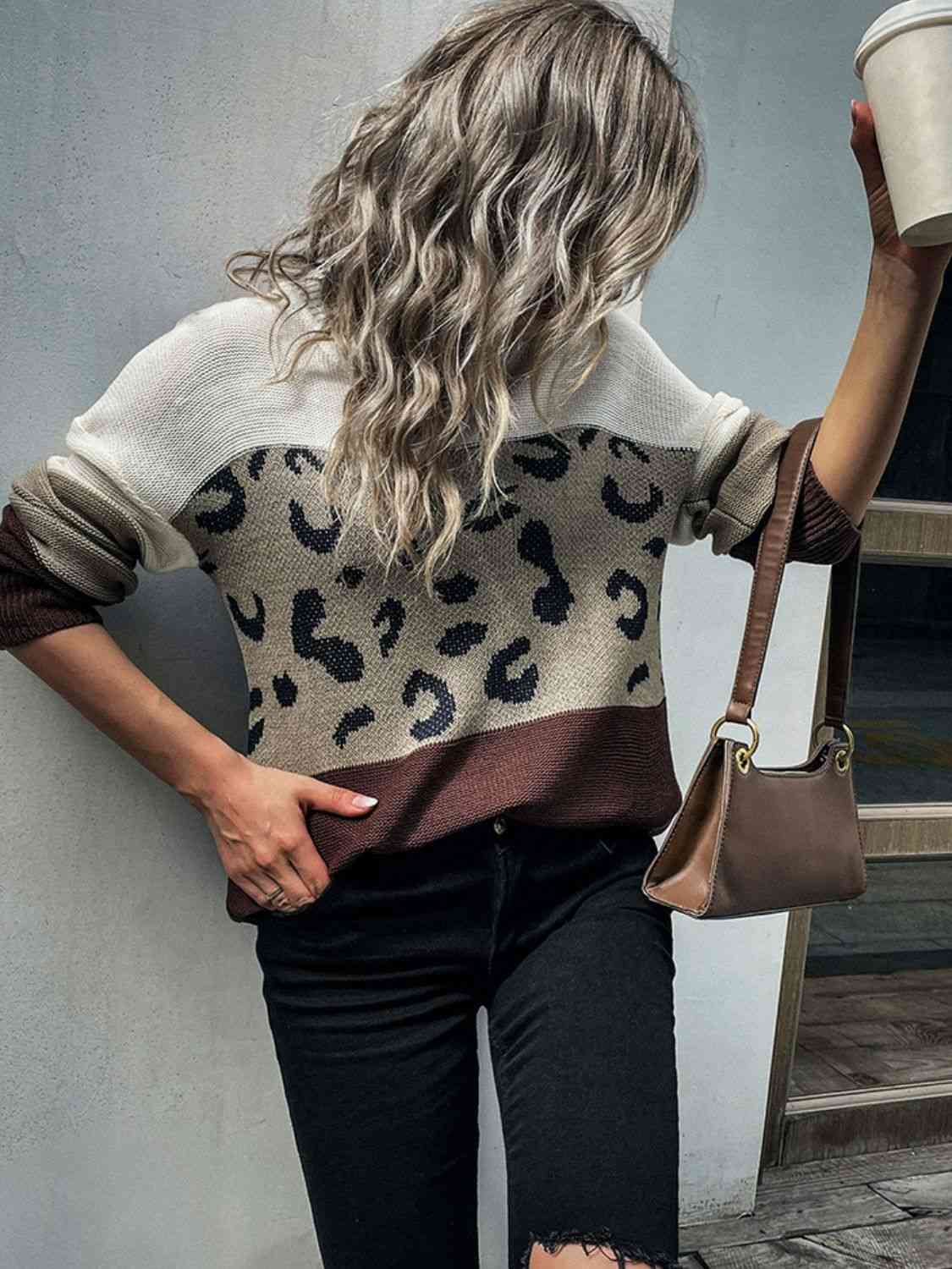 Leopard Color Block Ribbed Trim Tunic Sweater 