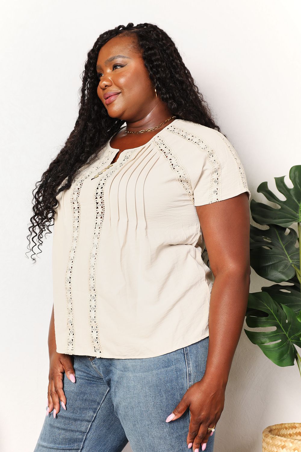 Double Take Crochet Buttoned Short Sleeves Top 