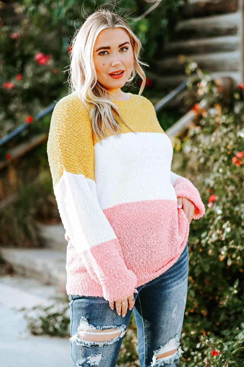 Plus Size Color Block Round Neck Sweater 