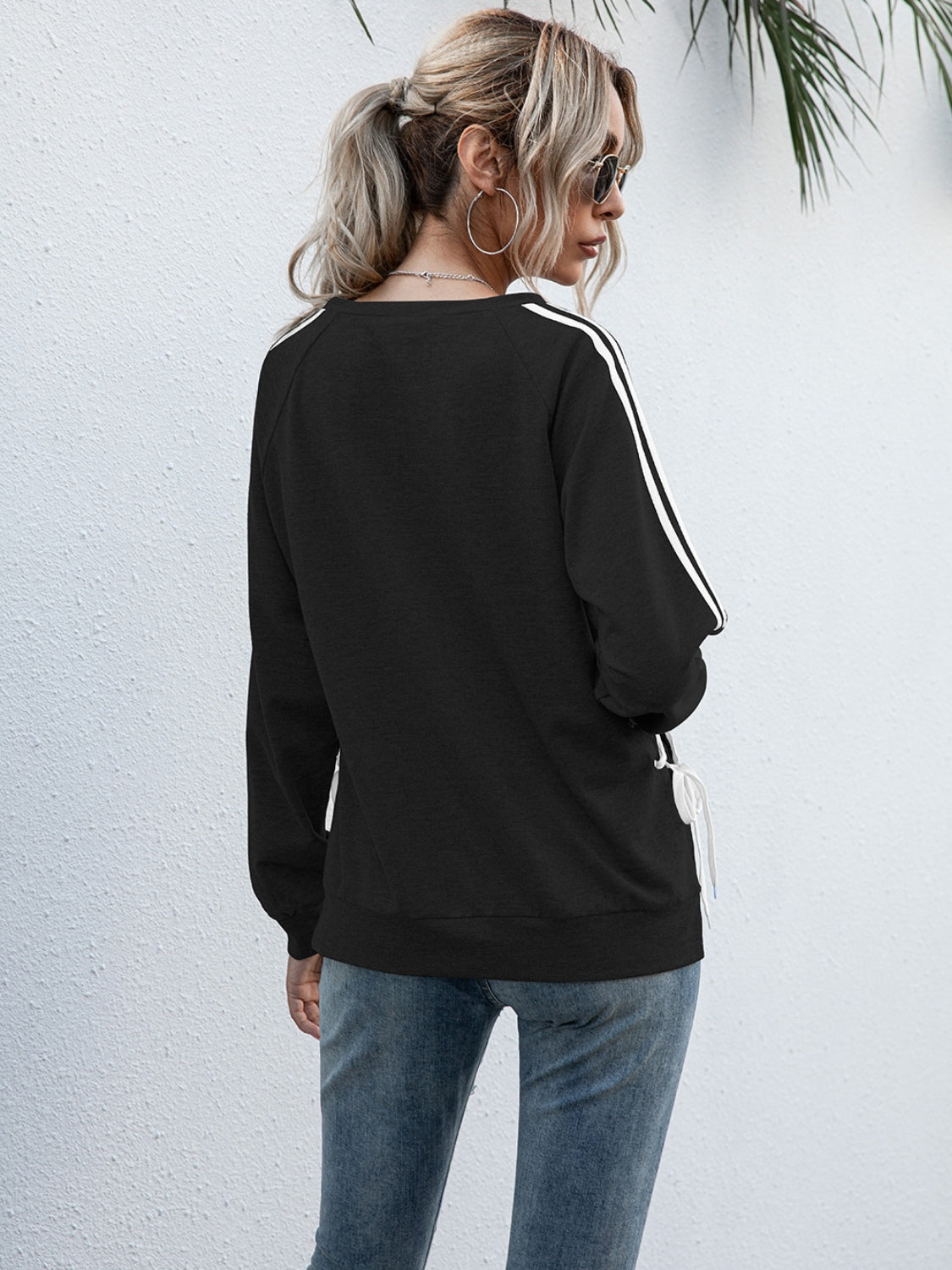 Lace-Up Round Neck Long Sleeve Sweatshirt 