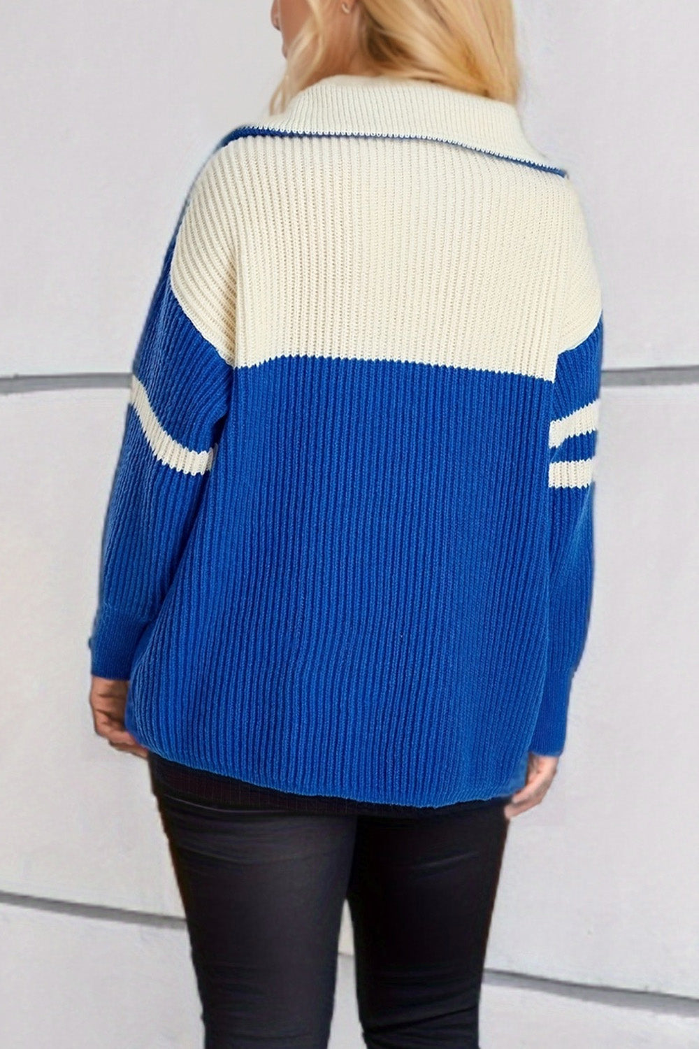 Quarter Zip Striped Dropped Shoulder Sweater 