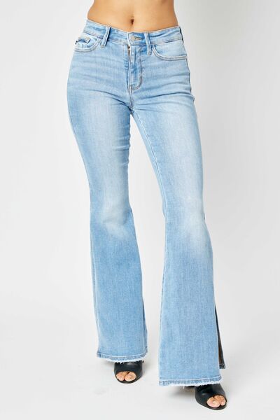 Judy Blue Full Size Mid Rise Raw Hem Slit Flare Jeans - Babbazon